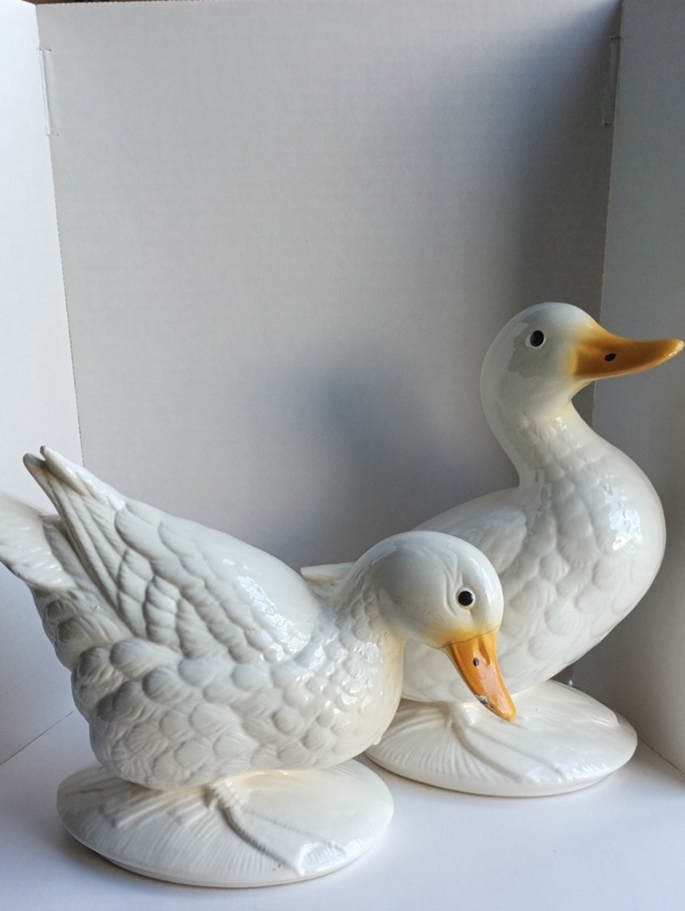 Vintage White Ceramic Duck Figurine Pair with Yellow Beaks - Home Art